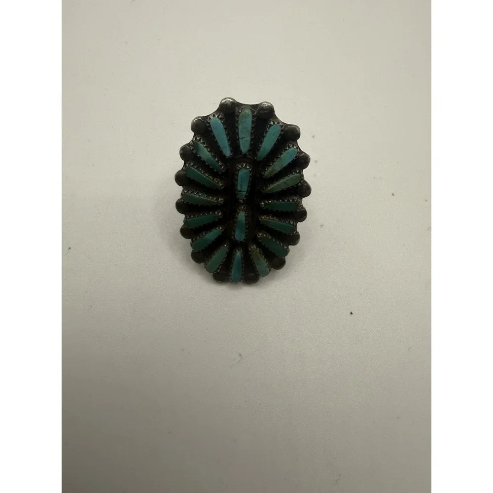 Vtg 1950's Zuni Petit Point Turquoise Cluster Sterling‎ Silver Ring